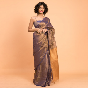 Purple & Gold-Toned Zari Pure Linen Saree