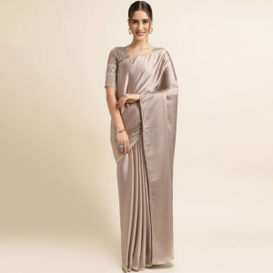 Brown Sequinned Pure Chiffon Saree