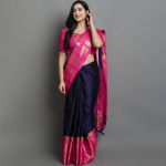 Navy Blue & Fuchsia Woven Design Zari Silk Cotton Saree
