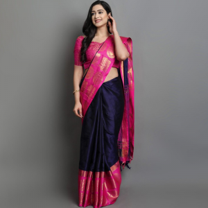 Navy Blue & Fuchsia Woven Design Zari Silk Cotton Saree
