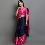 Navy Blue & Fuchsia Woven Design Zari Silk Cotton Saree