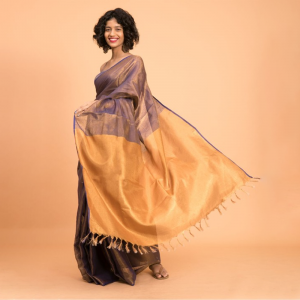 Purple & Gold-Toned Zari Pure Linen Saree
